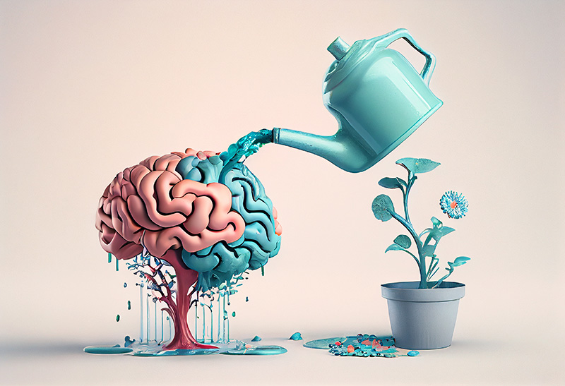Human brain growing from a flower, watering can is pouring water on the mind