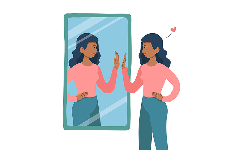 Illustration of a woman looking at her image in a mirror