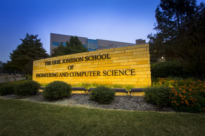 Outdoor sign for the Erik Jonsson School of Engineering and Computer Science.